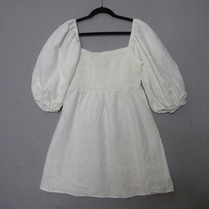 Tuckernuck Annie Smocked Linen Mini Puff Sleeve Square Neck Dress